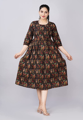 Flamingos Women Printed Flared Kurta(Black)