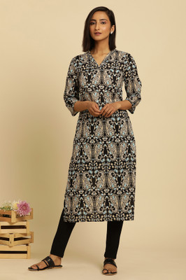 W Women Paisley Straight Kurta(Black, Light Blue, Gold)