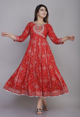 Bablu Garments Women Printed, Self Design, Block Print, Floral Print, Solid Anarkali Kurta(Red)