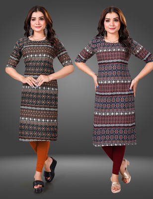 MOBHISA Women Printed Straight Kurta(Red)