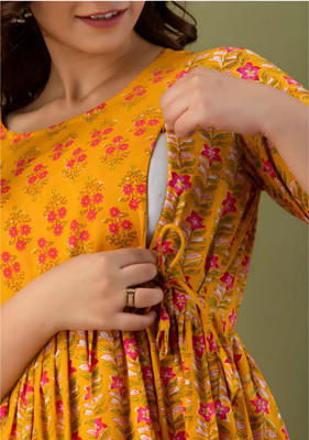 Dazy Women Printed Anarkali Kurta(Yellow)