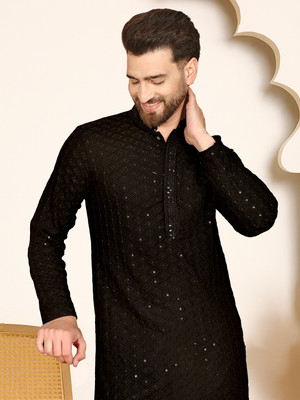 ANOUK Men Embellished Straight Kurta(Black)