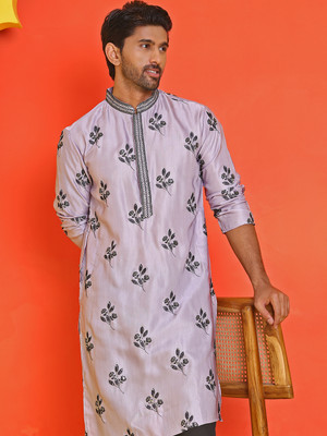 Jompers Men Embroidered Straight Kurta(Purple)