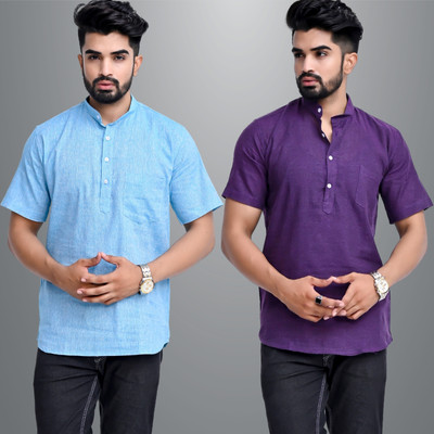 QuaClo Men Solid Straight Kurta(Light Blue, Purple)