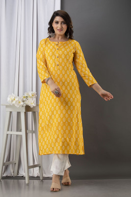 GREYSHADE Women Printed Straight Kurta(Yellow)