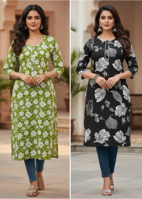 kc fashion Women Floral Print Straight Kurta(Light Green, Black)