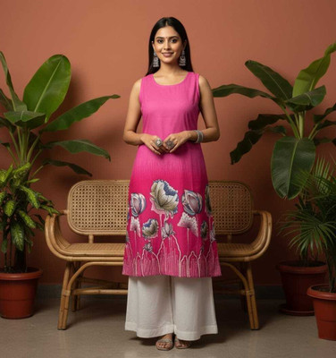 Priti Collection Women Floral Print A-line Kurta(Pink)