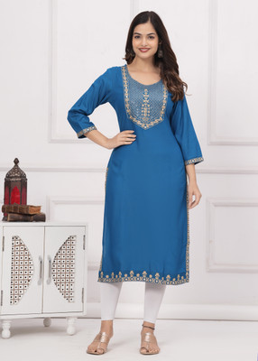 oceanabode Women Embroidered A-line Kurta(Blue)