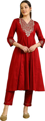 W Women Embroidered Flared Kurta(Red)