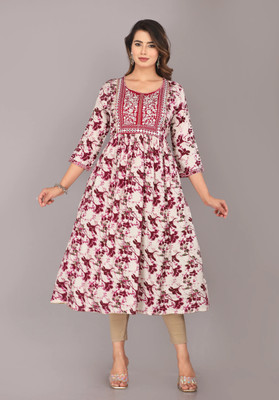 SETHSARKAR Women Printed Anarkali Kurta(White, Maroon)