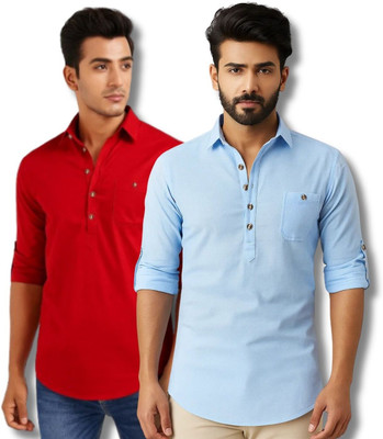 ClothTheory Men Solid Straight Kurta(Red, Light Blue)