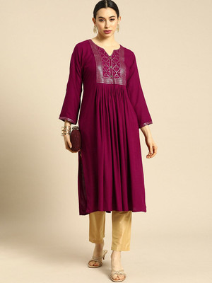 ANOUK Women Embroidered Flared Kurta(Purple)