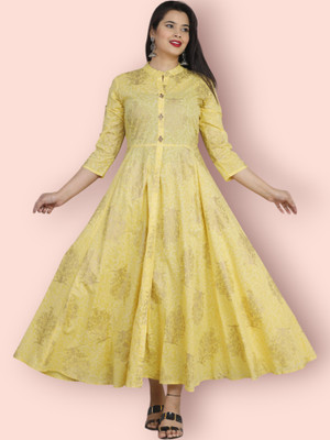 KurtisHouse Women Printed Straight Kurta(Yellow)