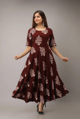 AnviTextile Women Printed Anarkali Kurta(White, Brown)