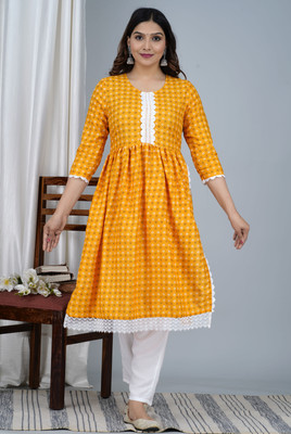 Lihimisu Women Geometric Print A-line Kurta(Yellow)