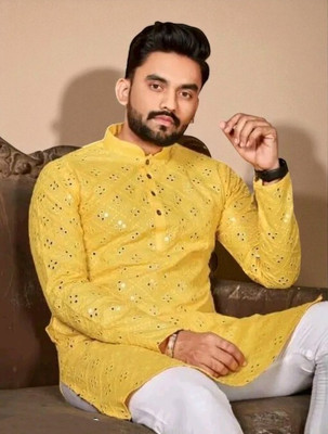 Biswas Trends Men Embroidered Straight Kurta(Yellow)