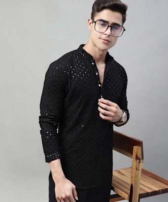 CHIRASVI Men Chikan Embroidery Straight Kurta(Black)