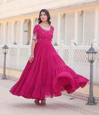 FOXDX Women Embroidered Anarkali Kurta(Pink)