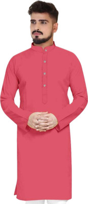 HouseOfCommon Men Solid A-line Kurta(Pink)