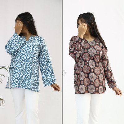 aanzri Women Printed, Geometric Print Tunic Kurta(Blue)