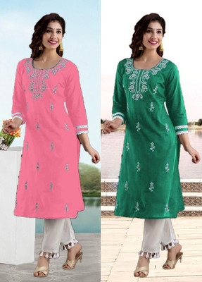 vikshi Women Chikan Embroidery A-line Kurta(Multicolor)