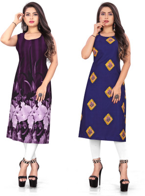 Hiral Creation Women Printed Straight Kurta(Purple, Blue)