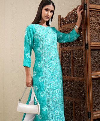 Vishudh Women Printed Straight Kurta(Green)