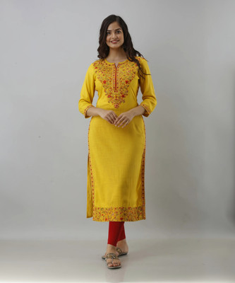 GOMOSWA INTERNATIONAL Women Embroidered A-line Kurta(Yellow)