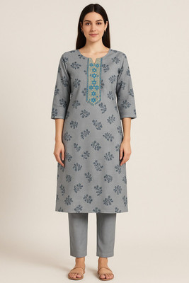 singaran fashion Women Printed Straight Kurta(Grey)