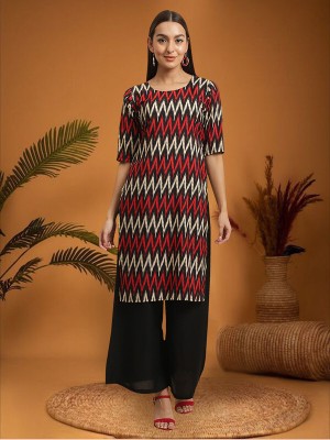 EthnicBasket Women Woven Design Straight Kurta(Red, White, Black)