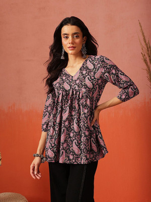 Fembliss Women Floral Print Flared Kurta(Maroon, Pink)