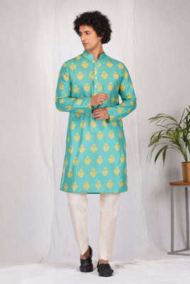 Priyashi Men Printed Straight Kurta(Blue)