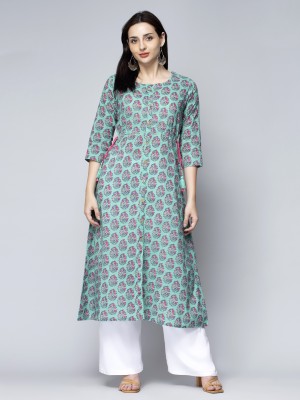 GREYSHADE Women Printed A-line Kurta(Light Blue, Pink)