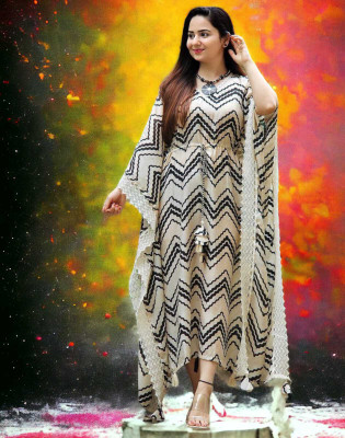 Wawlooks Women Geometric Print Flared Kurta(Black, Beige)