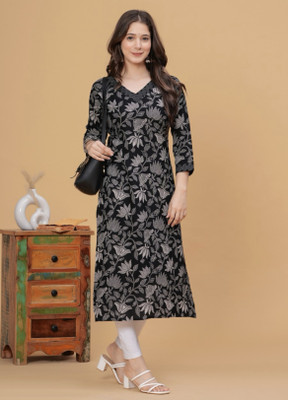 JIVANSH FAB Women Block Print A-line Kurta(Black)