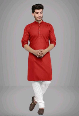 FH COLLECTION Men Solid Straight Kurta(Red)