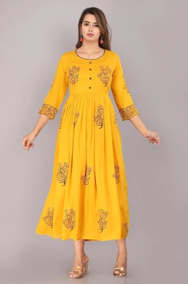 RAGINI ENTERPRISES Women Printed Anarkali Kurta(Yellow, Black)