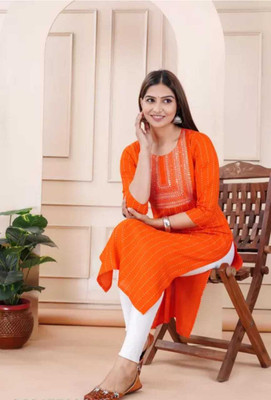 Mishti Fashion Women Striped Straight Kurta(Orange)