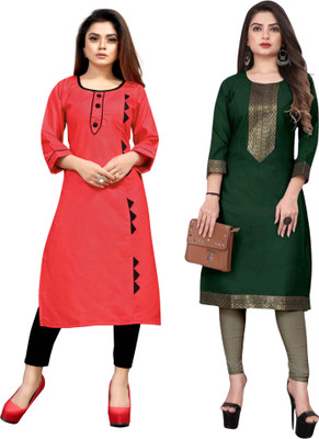 AAIKHODAL Women Applique Straight Kurta(Red, Dark Blue)