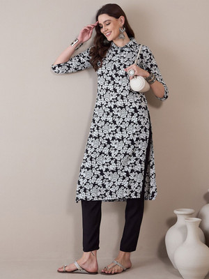 ANOUK Women Floral Print Straight Kurta(Black)