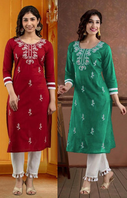 vikshi Women Chikan Embroidery Straight Kurta(Multicolor)