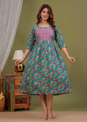 UrbanRang Women Floral Print Anarkali Kurta(Green, Purple)