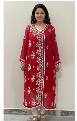 RIDDHI Women Chikan Embroidery Ethnic Dress Kurta(Red)