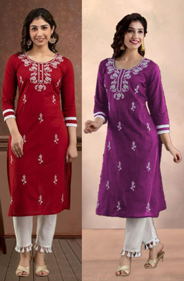 vikshi Women Chikan Embroidery Straight Kurta(Multicolor)