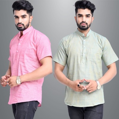 QuaClo Men Solid Straight Kurta(Pink, Light Green)