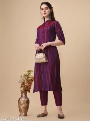 iKrishna Women Striped Ethnic Dress Kurta(Purple)