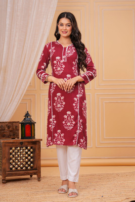 DY FAB Women Printed Straight Kurta(Maroon)