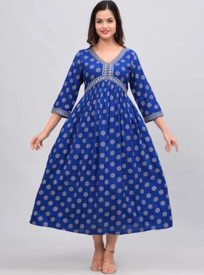 RUDRAKSH CREATION Women Printed Flared Kurta(Blue)