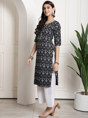 1 Stop Fashion Women Printed Straight Kurta(Black)