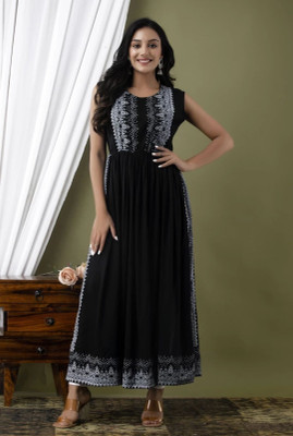 dimonsher Women Printed Flared Kurta(Black)